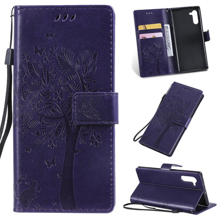 Tree & Cat Pattern Pressed Printing Horizontal Flip PU Leather Case with Holder & Card Slots & Wallet & Lanyard For Galaxy Note10(Purple)-garmade.com