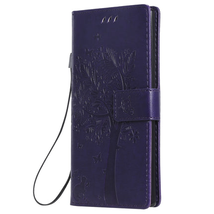Tree & Cat Pattern Pressed Printing Horizontal Flip PU Leather Case with Holder & Card Slots & Wallet & Lanyard For Galaxy Note10(Purple)-garmade.com