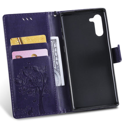 Tree & Cat Pattern Pressed Printing Horizontal Flip PU Leather Case with Holder & Card Slots & Wallet & Lanyard For Galaxy Note10(Purple)-garmade.com