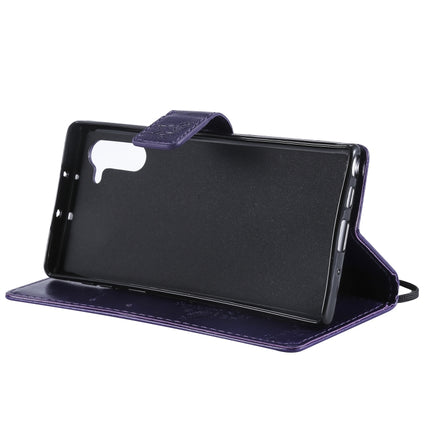 Tree & Cat Pattern Pressed Printing Horizontal Flip PU Leather Case with Holder & Card Slots & Wallet & Lanyard For Galaxy Note10(Purple)-garmade.com