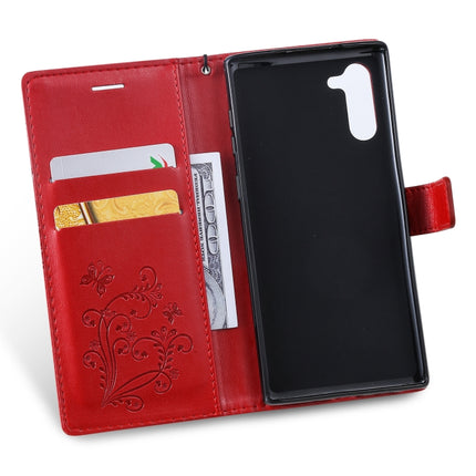 Pressed Printing Butterfly Pattern Horizontal Flip PU Leather Case with Holder & Card Slots & Wallet & Lanyard For Galaxy Note 10(Red)-garmade.com