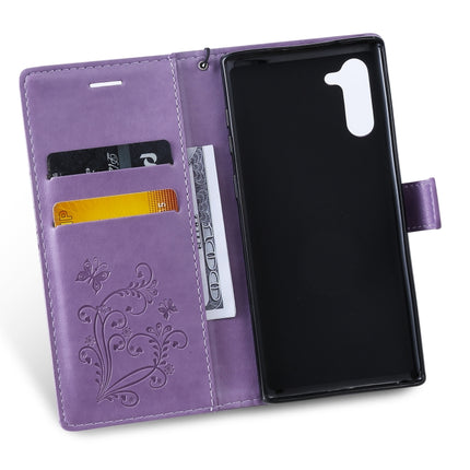 Pressed Printing Butterfly Pattern Horizontal Flip PU Leather Case with Holder & Card Slots & Wallet & Lanyard For Galaxy Note 10(Purple)-garmade.com