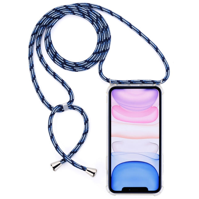 Four-Corner Anti-Fall Transparent TPU Mobile Phone Case With Lanyard for iPhone 11(Black Blue)-garmade.com