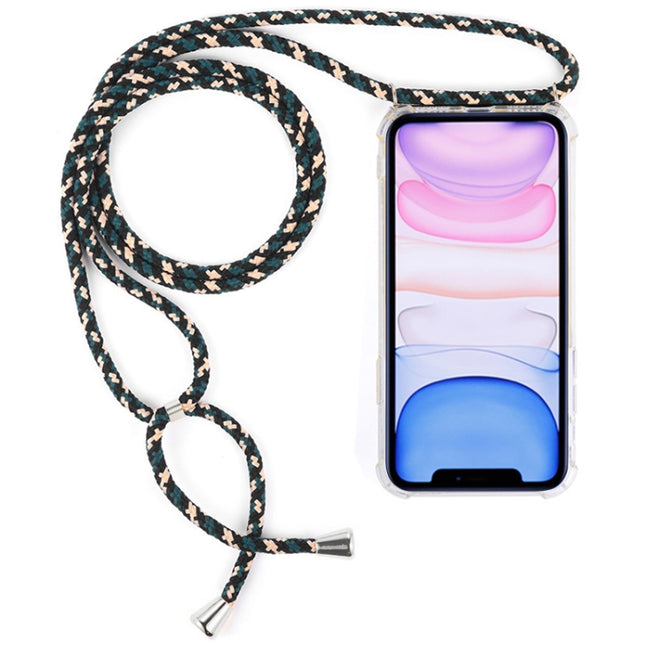 Four-Corner Anti-Fall Transparent TPU Mobile Phone Case With Lanyard for iPhone 11(Green Beige Black)-garmade.com