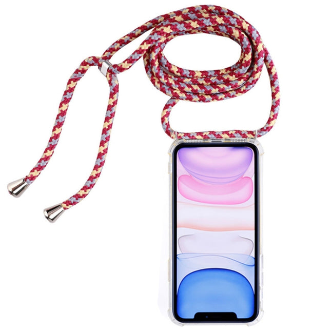 Four-Corner Anti-Fall Transparent TPU Mobile Phone Case With Lanyard for iPhone 11(Red Apricot Grey)-garmade.com