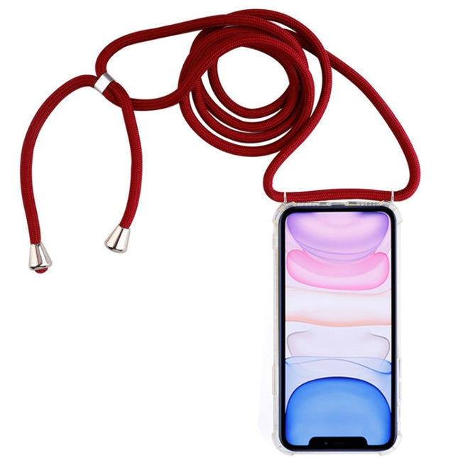 Four-Corner Anti-Fall Transparent TPU Mobile Phone Case With Lanyard for iPhone 11(Red)-garmade.com