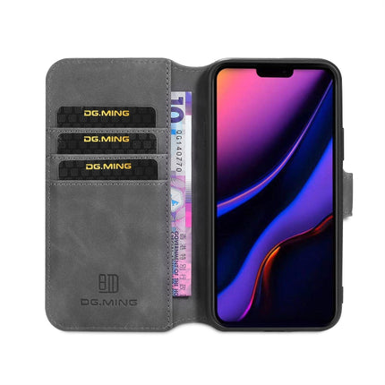 DG.MING Retro Oil Side Horizontal Flip Case with Holder & Card Slots & Wallet for iPhone 11 Pro Max(Grey)-garmade.com