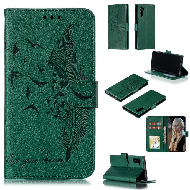 Feather Pattern Litchi Texture Horizontal Flip Leather Case with Wallet & Holder & Card Slots For Galaxy Note 10(Green)-garmade.com