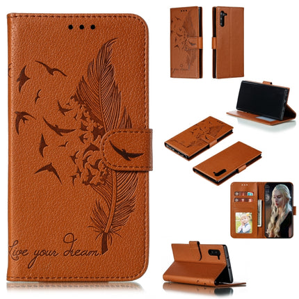 Feather Pattern Litchi Texture Horizontal Flip Leather Case with Wallet & Holder & Card Slots For Galaxy Note 10(Brown)-garmade.com