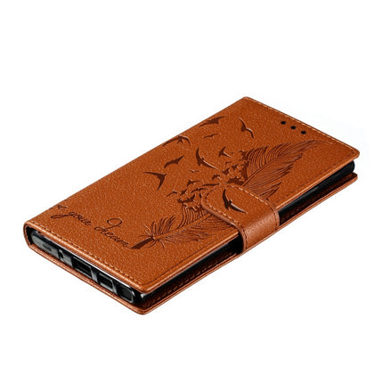 Feather Pattern Litchi Texture Horizontal Flip Leather Case with Wallet & Holder & Card Slots For Galaxy Note 10(Brown)-garmade.com