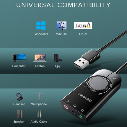 UGREEN CM109 USB to 3-ports 3.5mm Computer External Audio Card with Volume Adjustment Wheel, Length: 15cm-garmade.com
