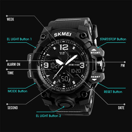 SKMEI 1155B Multifunctional Men Outdoor Sports Noctilucent Waterproof Large Dial Wrist Watch(Red)-garmade.com