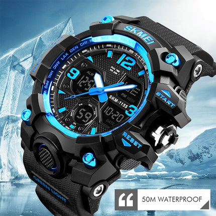 SKMEI 1155B Multifunctional Men Outdoor Sports Noctilucent Waterproof Large Dial Wrist Watch(Denim Black)-garmade.com