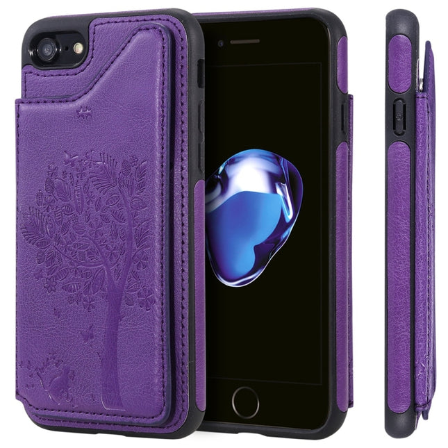 For iPhone 7 / 8 Cat Tree Embossing Pattern Shockproof Protective Case with Card Slots & Photo Frame(Purple)-garmade.com