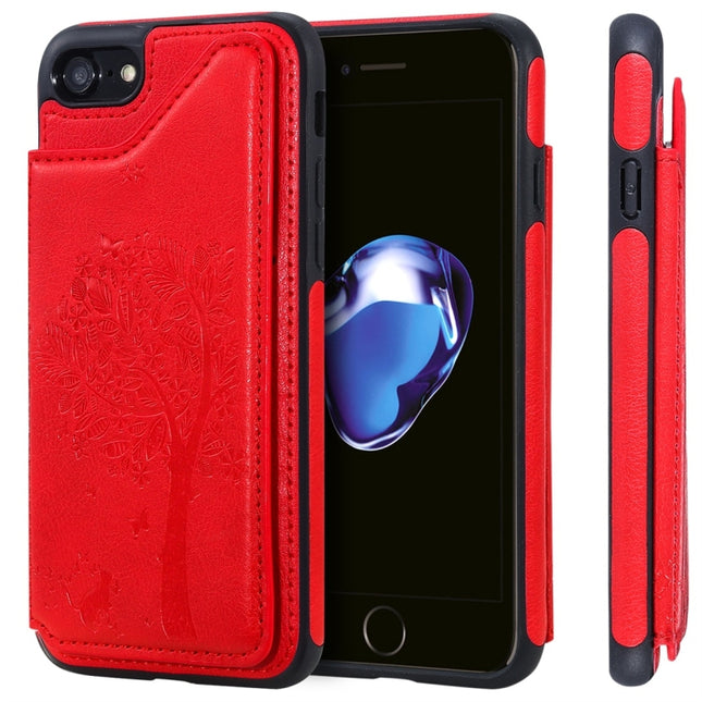 For iPhone 7 / 8 Cat Tree Embossing Pattern Shockproof Protective Case with Card Slots & Photo Frame(Red)-garmade.com