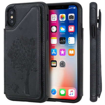 For iPhone X Cat Tree Embossing Pattern Shockproof Protective Case with Card Slots & Photo Frame(Black)-garmade.com