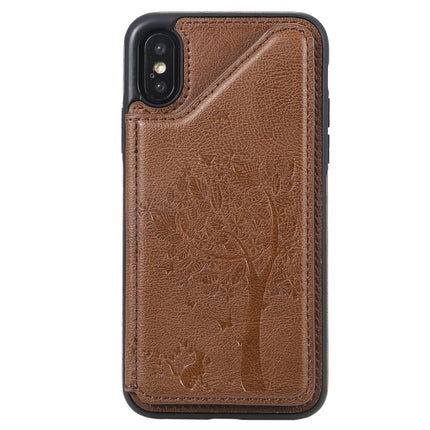 For iPhone X Cat Tree Embossing Pattern Shockproof Protective Case with Card Slots & Photo Frame(Brown)-garmade.com