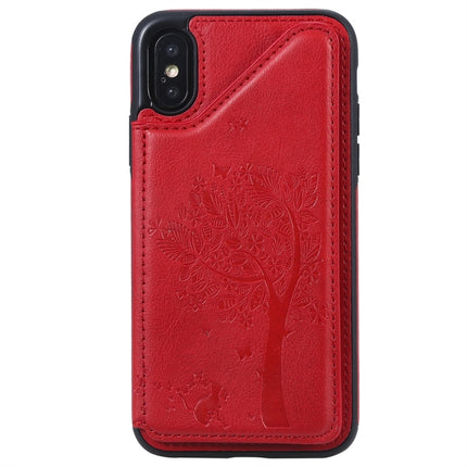 For iPhone X Cat Tree Embossing Pattern Shockproof Protective Case with Card Slots & Photo Frame(Red)-garmade.com