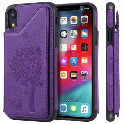 For iPhone XR Cat Tree Embossing Pattern Shockproof Protective Case with Card Slots & Photo Frame(Purple)-garmade.com