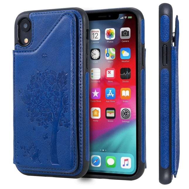 For iPhone XR Cat Tree Embossing Pattern Shockproof Protective Case with Card Slots & Photo Frame(Blue)-garmade.com