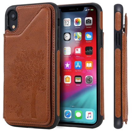 For iPhone XR Cat Tree Embossing Pattern Shockproof Protective Case with Card Slots & Photo Frame(Brown)-garmade.com