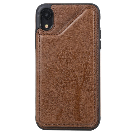 For iPhone XR Cat Tree Embossing Pattern Shockproof Protective Case with Card Slots & Photo Frame(Brown)-garmade.com