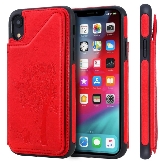 For iPhone XR Cat Tree Embossing Pattern Shockproof Protective Case with Card Slots & Photo Frame(Red)-garmade.com