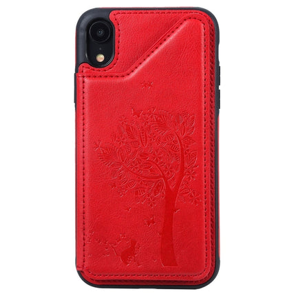 For iPhone XR Cat Tree Embossing Pattern Shockproof Protective Case with Card Slots & Photo Frame(Red)-garmade.com