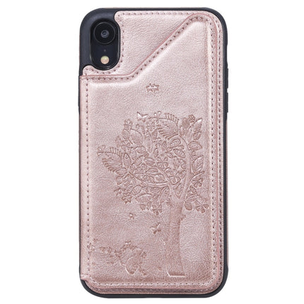 For iPhone XR Cat Tree Embossing Pattern Shockproof Protective Case with Card Slots & Photo Frame(Rose Gold)-garmade.com