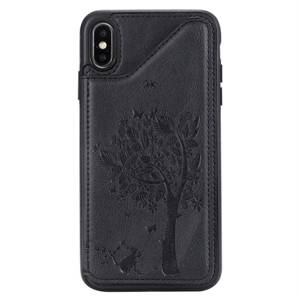 For iPhone XS Max Cat Tree Embossing Pattern Shockproof Protective Case with Card Slots & Photo Frame(Black)-garmade.com