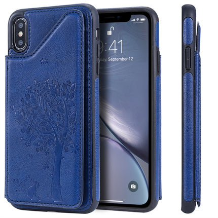 For iPhone XS Max Cat Tree Embossing Pattern Shockproof Protective Case with Card Slots & Photo Frame(Blue)-garmade.com