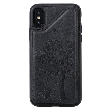 For iPhone XS Cat Tree Embossing Pattern Shockproof Protective Case with Card Slots & Photo Frame(Black)-garmade.com