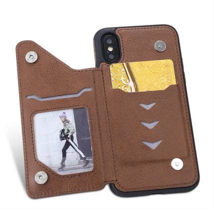 For iPhone XS Cat Tree Embossing Pattern Shockproof Protective Case with Card Slots & Photo Frame(Brown)-garmade.com
