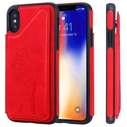 For iPhone XS Cat Tree Embossing Pattern Shockproof Protective Case with Card Slots & Photo Frame(Red)-garmade.com