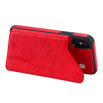 For iPhone XS Cat Tree Embossing Pattern Shockproof Protective Case with Card Slots & Photo Frame(Red)-garmade.com
