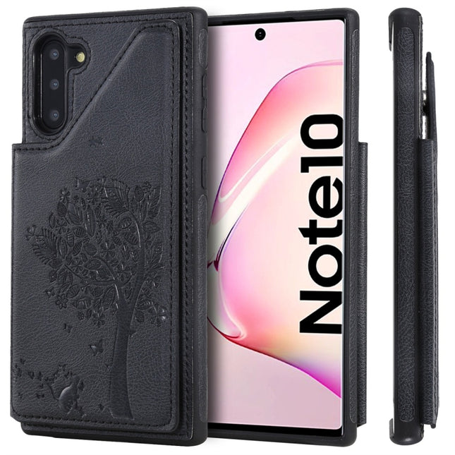 For Galaxy Note 10 Cat Tree Embossing Pattern Shockproof Protective Case with Card Slots & Photo Frame(Black)-garmade.com
