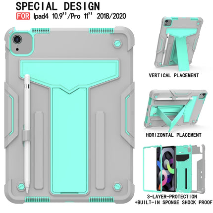 For iPad Air 2022 / 2020 10.9 / iPad Pro 11 T-shaped Bracket Contrast Color Shockproof PC + Silicone Protective Case(Grey+Mint Green)-garmade.com