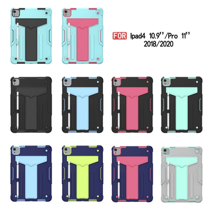 For iPad Air 2022 / 2020 10.9 / iPad Pro 11 T-shaped Bracket Contrast Color Shockproof PC + Silicone Protective Case(Navy+Rose Red)-garmade.com