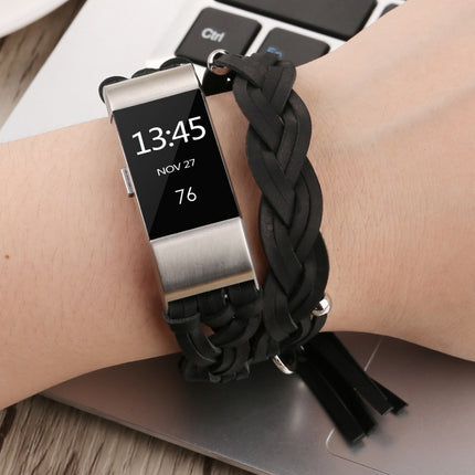 For Fitbit Charge 2 Weave Leather Replacement Strap Watchband(Black)-garmade.com