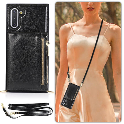 For Samsung Galaxy Note10 Square Zipper Wallet Bag TPU+PU Back Cover Case with Holder & Card Slots & Wallet & Cross-body Strap(Black)-garmade.com