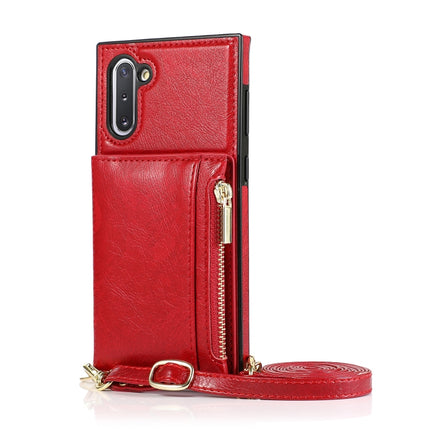 For Samsung Galaxy Note10 Square Zipper Wallet Bag TPU+PU Back Cover Case with Holder & Card Slots & Wallet & Cross-body Strap(Red)-garmade.com