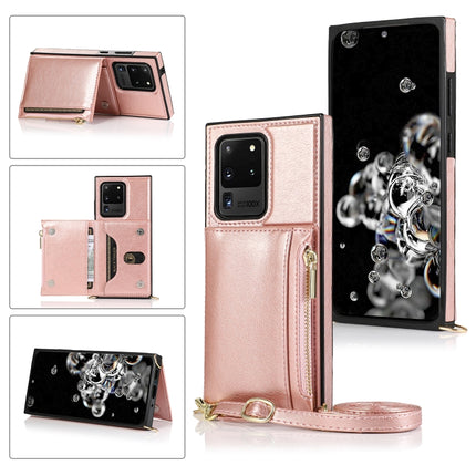 For Samsung Galaxy S20 Ultra Square Zipper Wallet Bag TPU+PU Back Cover Case with Holder & Card Slots & Wallet & Cross-body Strap(Rose Glod)-garmade.com
