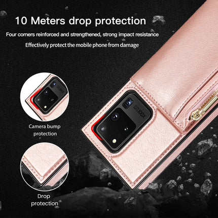 For Samsung Galaxy S20 Ultra Square Zipper Wallet Bag TPU+PU Back Cover Case with Holder & Card Slots & Wallet & Cross-body Strap(Rose Glod)-garmade.com