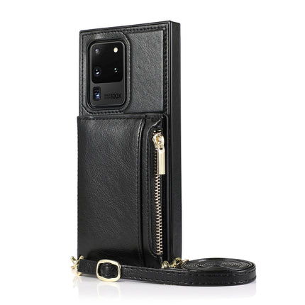 For Samsung Galaxy S20 Ultra Square Zipper Wallet Bag TPU+PU Back Cover Case with Holder & Card Slots & Wallet & Cross-body Strap(Black)-garmade.com