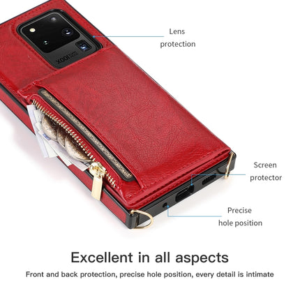 For Samsung Galaxy S20 Ultra Square Zipper Wallet Bag TPU+PU Back Cover Case with Holder & Card Slots & Wallet & Cross-body Strap(Red)-garmade.com