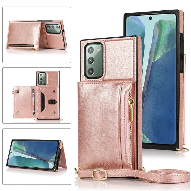For Samsung Galaxy Note20 Square Zipper Wallet Bag TPU+PU Back Cover Case with Holder & Card Slots & Wallet & Cross-body Strap(Rose Glod)-garmade.com