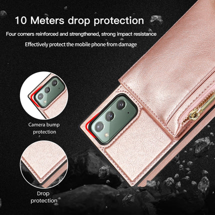 For Samsung Galaxy Note20 Square Zipper Wallet Bag TPU+PU Back Cover Case with Holder & Card Slots & Wallet & Cross-body Strap(Rose Glod)-garmade.com