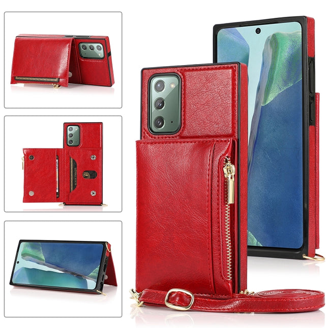 For Samsung Galaxy Note20 Square Zipper Wallet Bag TPU+PU Back Cover Case with Holder & Card Slots & Wallet & Cross-body Strap(Red)-garmade.com