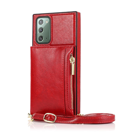 For Samsung Galaxy Note20 Square Zipper Wallet Bag TPU+PU Back Cover Case with Holder & Card Slots & Wallet & Cross-body Strap(Red)-garmade.com
