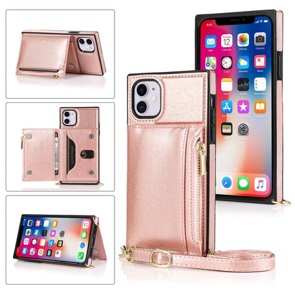 Square Zipper Wallet Bag TPU+PU Back Cover Case with Holder & Card Slots & Wallet & Cross-body Strap For iPhone 11(Rose Glod)-garmade.com